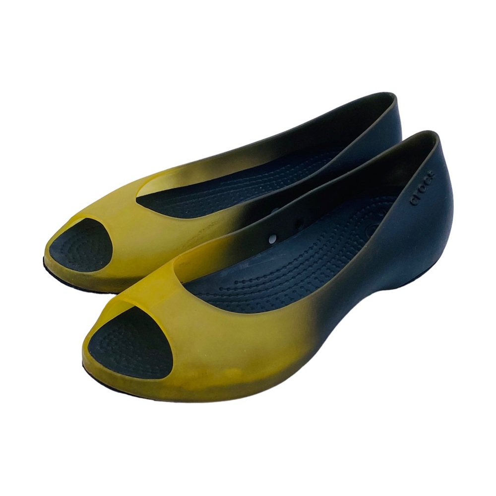 Yellow & Black CROCS CARLIE Peep Toe Jelly Shoes Ballet Flats | Womens Size 5